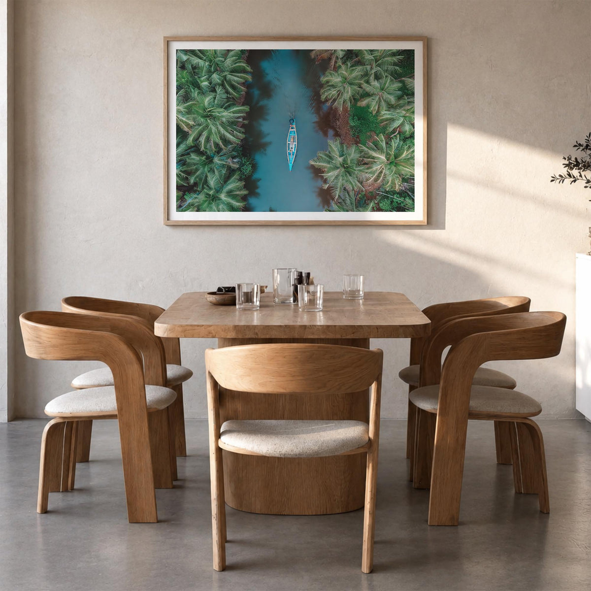 Kerala colorful photo poster of India – horizontal wall art in natural wood frame with white border, hanging on wall