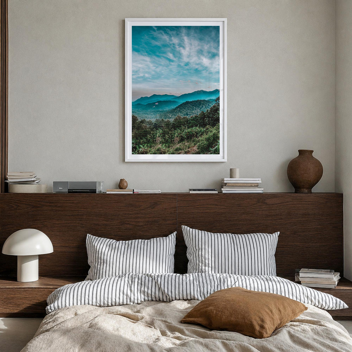 Kerala colorful photo poster of India – vertical wall art in white wood frame with white border, hanging on wall