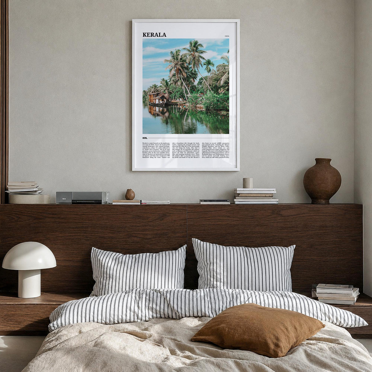 Kerala colorful travel poster of India – vertical wall art in white wood frame, hanging on wall
