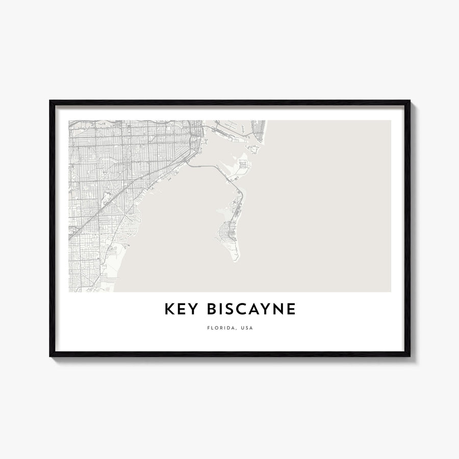 Key Biscayne black & white map poster of Florida, USA – horizontal wall art, unframed print shown in interior mockup