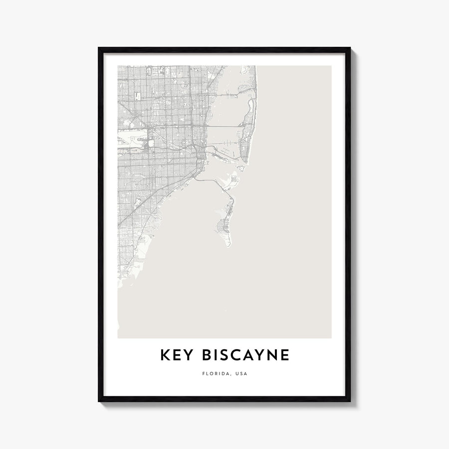Key Biscayne black & white map poster of Florida, USA – vertical wall art, unframed print shown in interior mockup