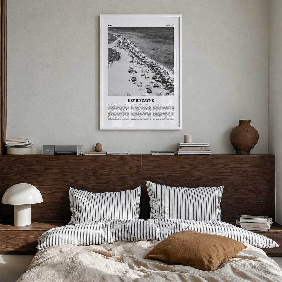 Key Biscayne black & white newspaper poster of Florida, USA – vertical wall art in white wood frame, hanging on wall