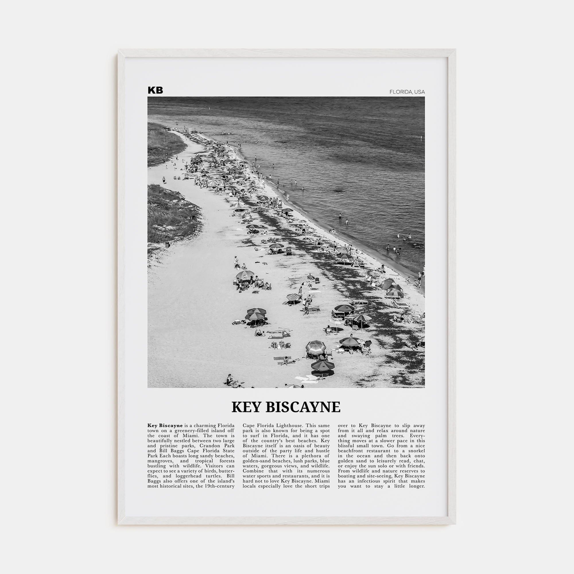 Key Biscayne Poster White Wood / 8x12 in Nbourhood Travel B&W Poster