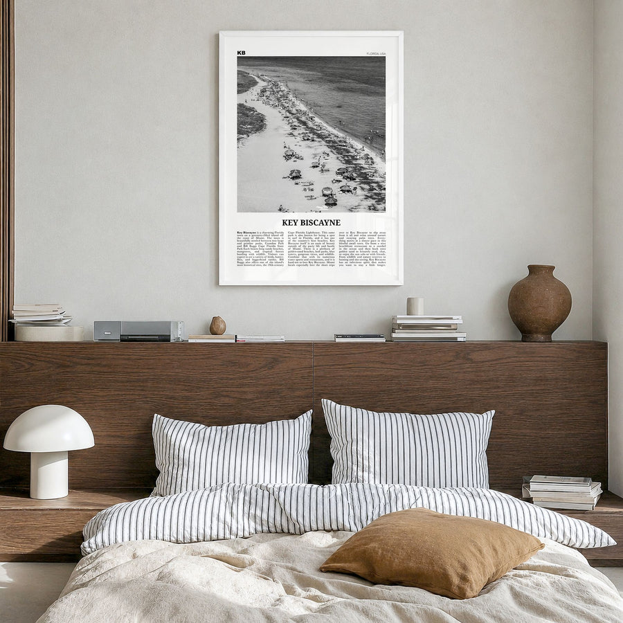 Key Biscayne Newspaper Poster in a white wood frame, hanging in a bedroom
