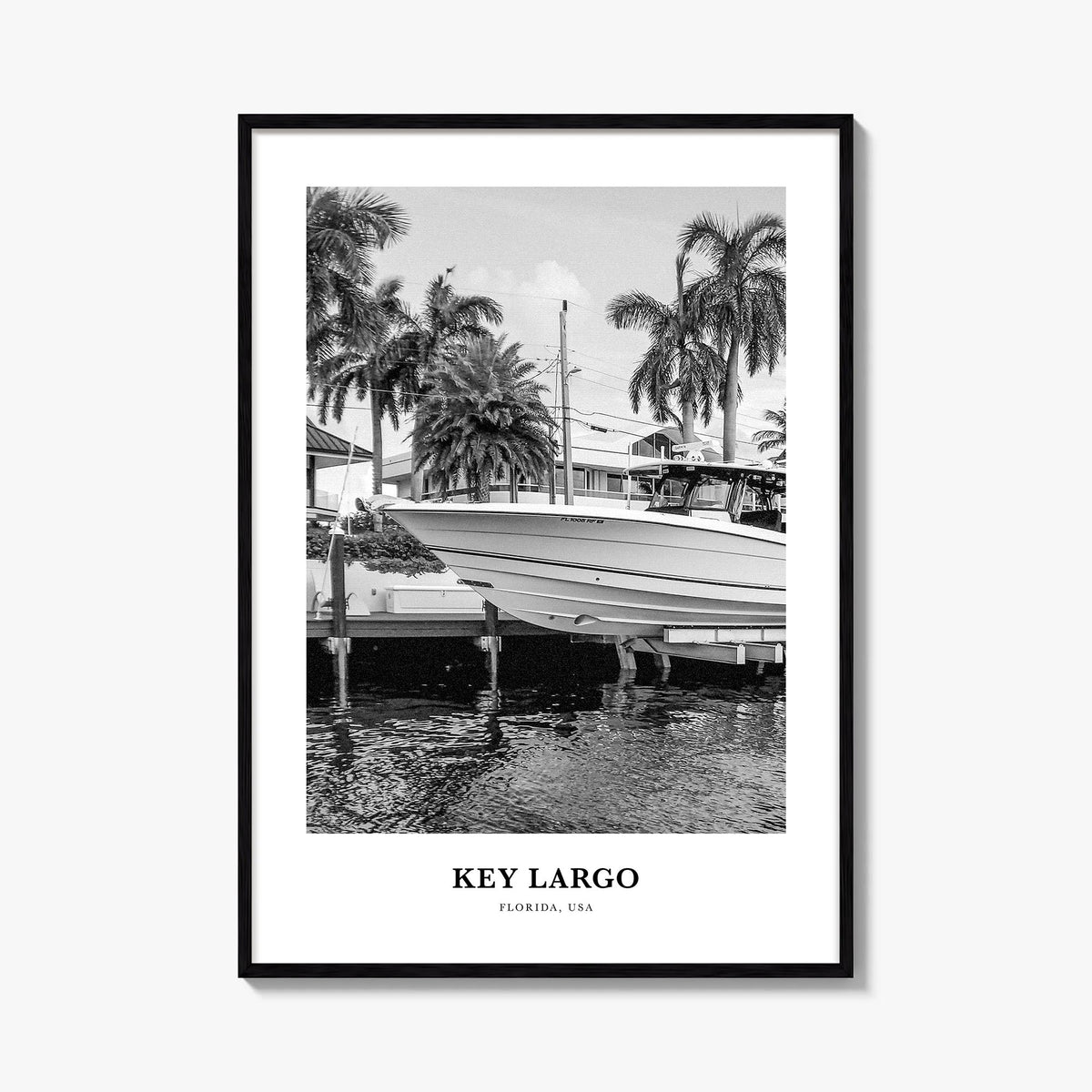 Key Largo black & white classic poster of Florida, USA – vertical wall art, unframed print shown in interior mockup