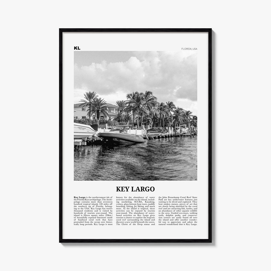 Key Largo black & white newspaper poster of Florida, USA – vertical wall art, unframed print shown in interior mockup