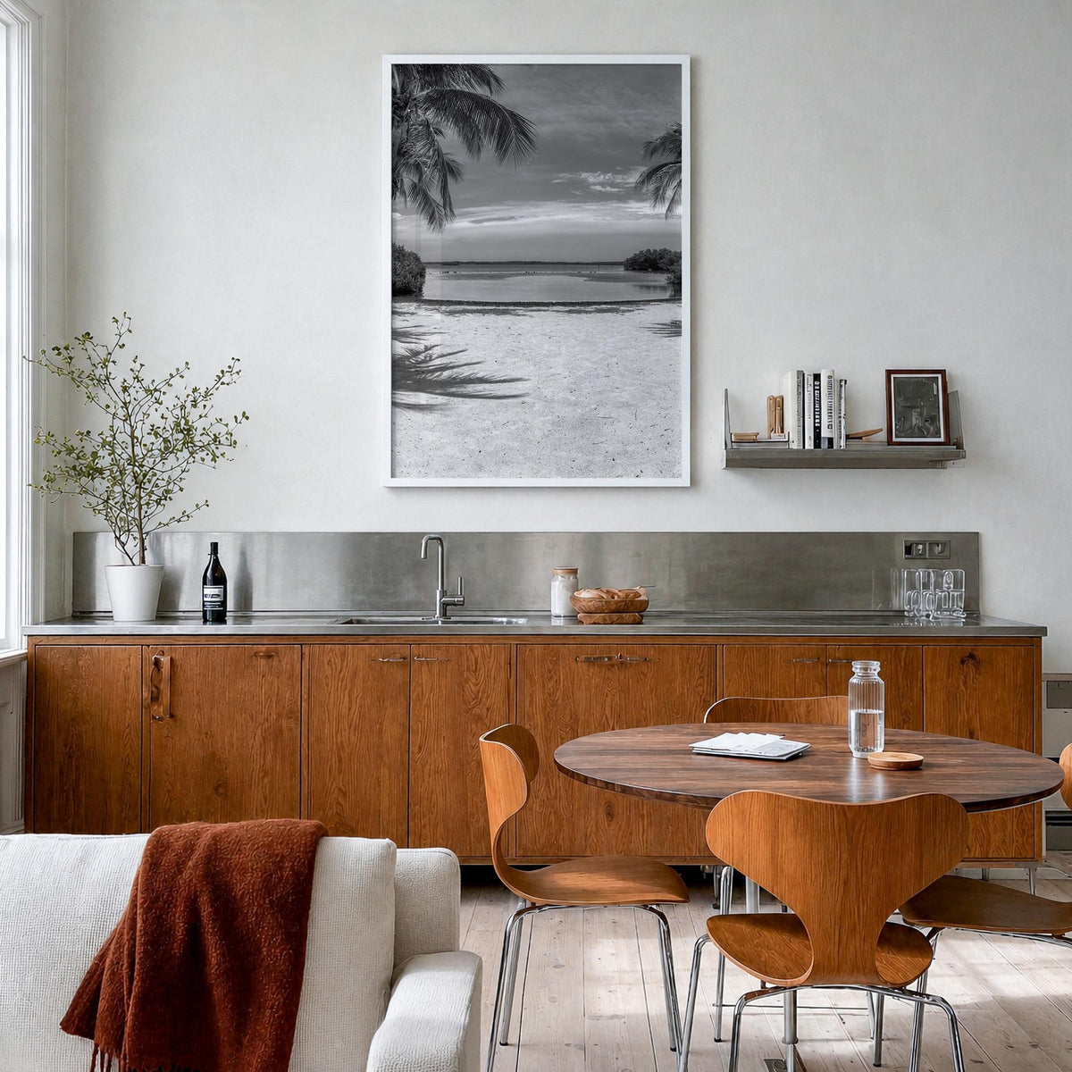 Key Largo black & white photo poster of Florida, USA – vertical wall art in white wood frame, hanging on wall