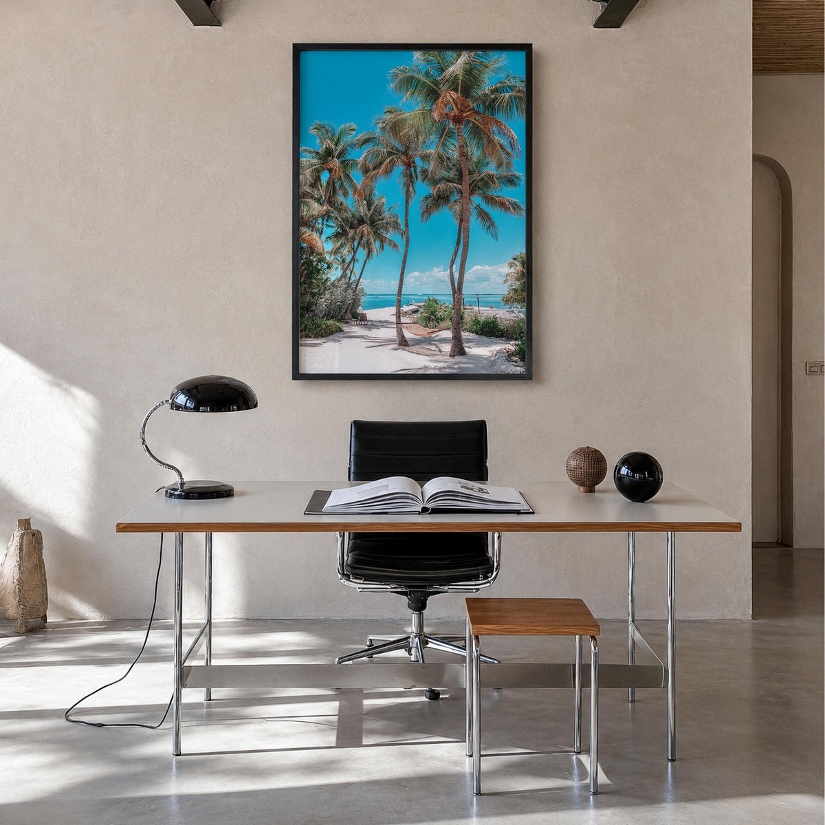 Key Largo colorful photo poster of Florida, USA – vertical wall art in black wood frame, hanging on wall