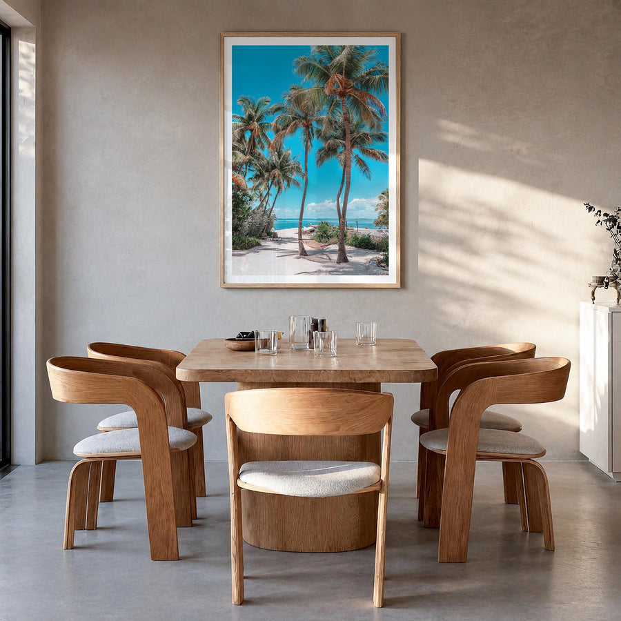 Key Largo colorful photo poster of Florida, USA – vertical wall art in natural wood frame with white border, hanging on wall