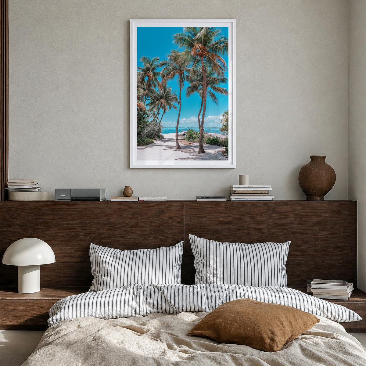 Key Largo colorful photo poster of Florida, USA – vertical wall art in white wood frame with white border, hanging on wall