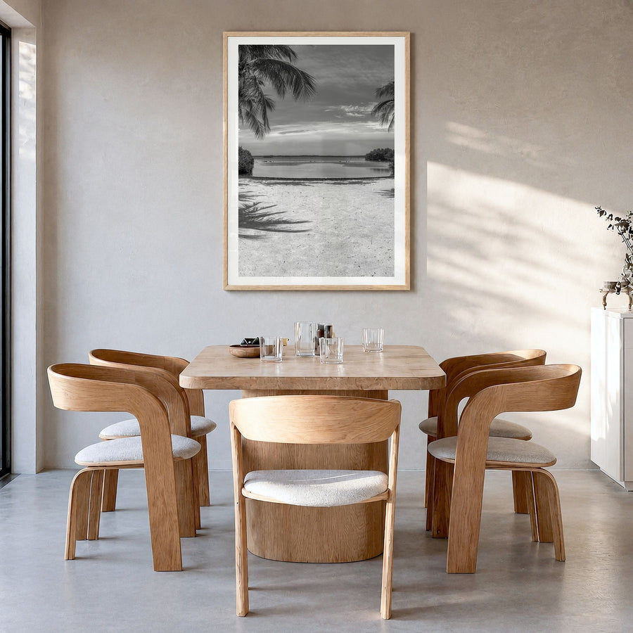 Key Largo Photo Poster in a natural wood frame, hanging in a dining room, white border