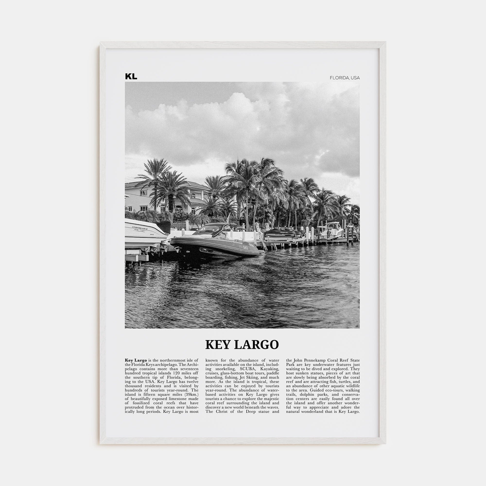 Key Largo Poster White Wood / 8x12 in Nbourhood Travel B&W Poster