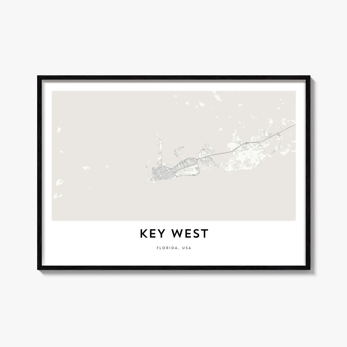 Key West black & white map poster of Florida, USA – horizontal wall art, unframed print shown in interior mockup
