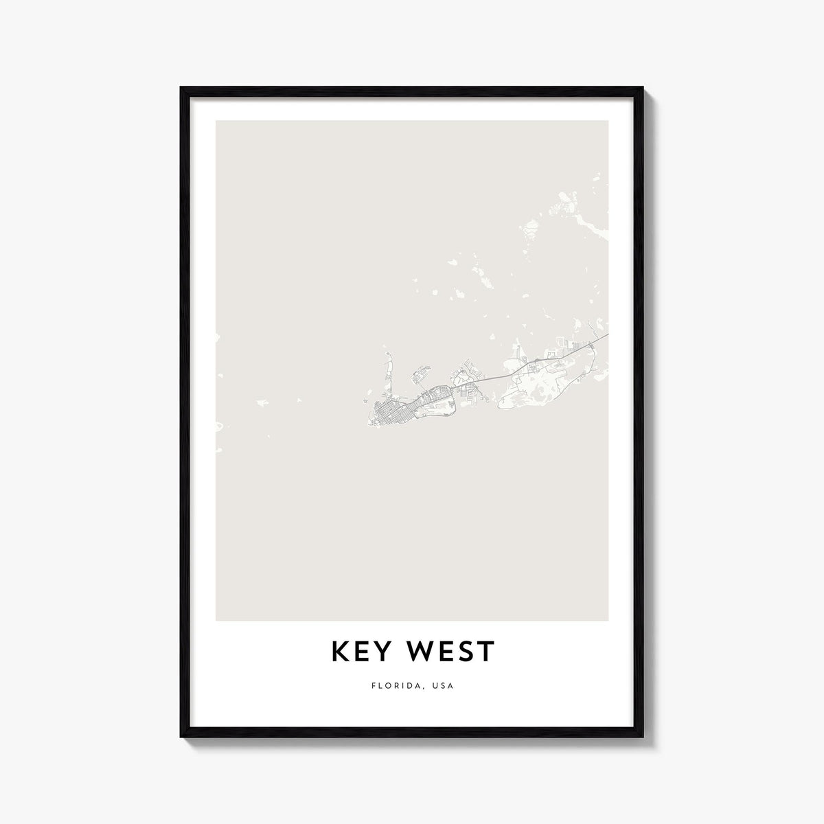 Key West black & white map poster of Florida, USA – vertical wall art, unframed print shown in interior mockup