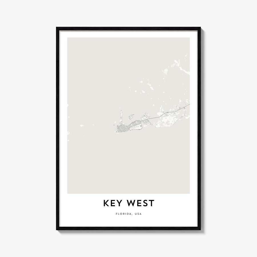 Key West black & white map poster of Florida, USA – vertical wall art, unframed print shown in interior mockup