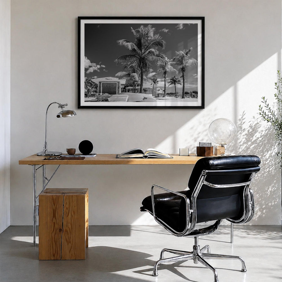 Key West black & white photo poster of Florida, USA – horizontal wall art in black wood frame with white border, hanging on w