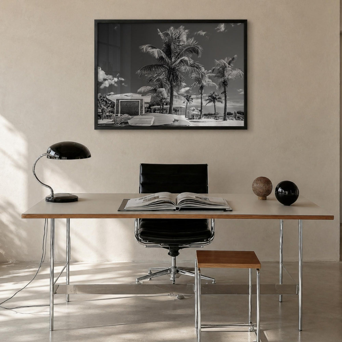 Key West black & white photo poster of Florida, USA – horizontal wall art in black wood frame, hanging on wall