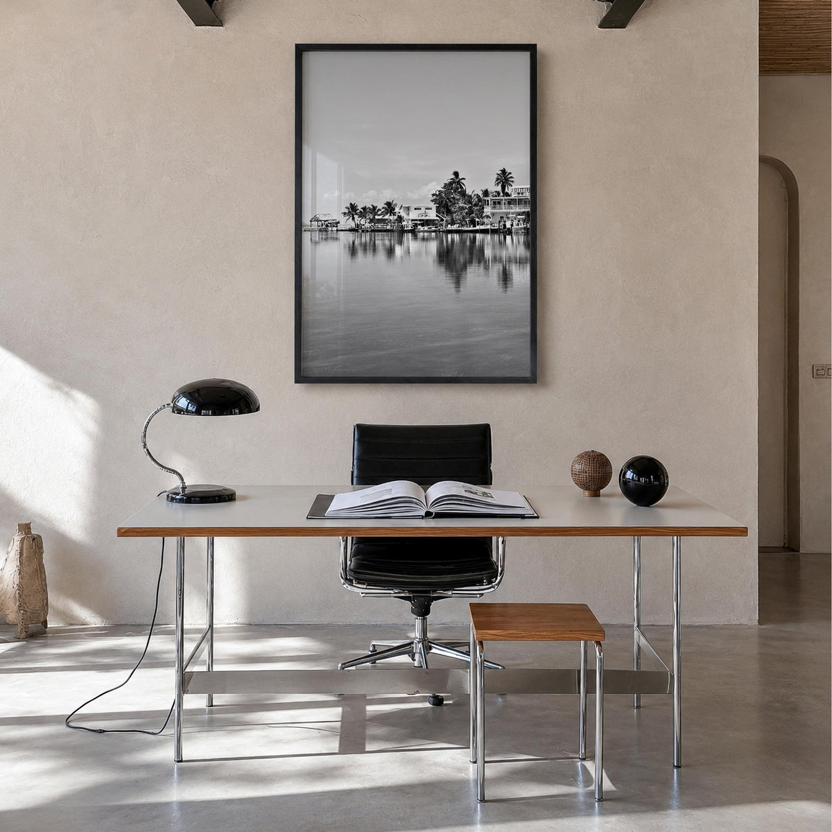 Key West black & white photo poster of Florida, USA – vertical wall art in black wood frame, hanging on wall