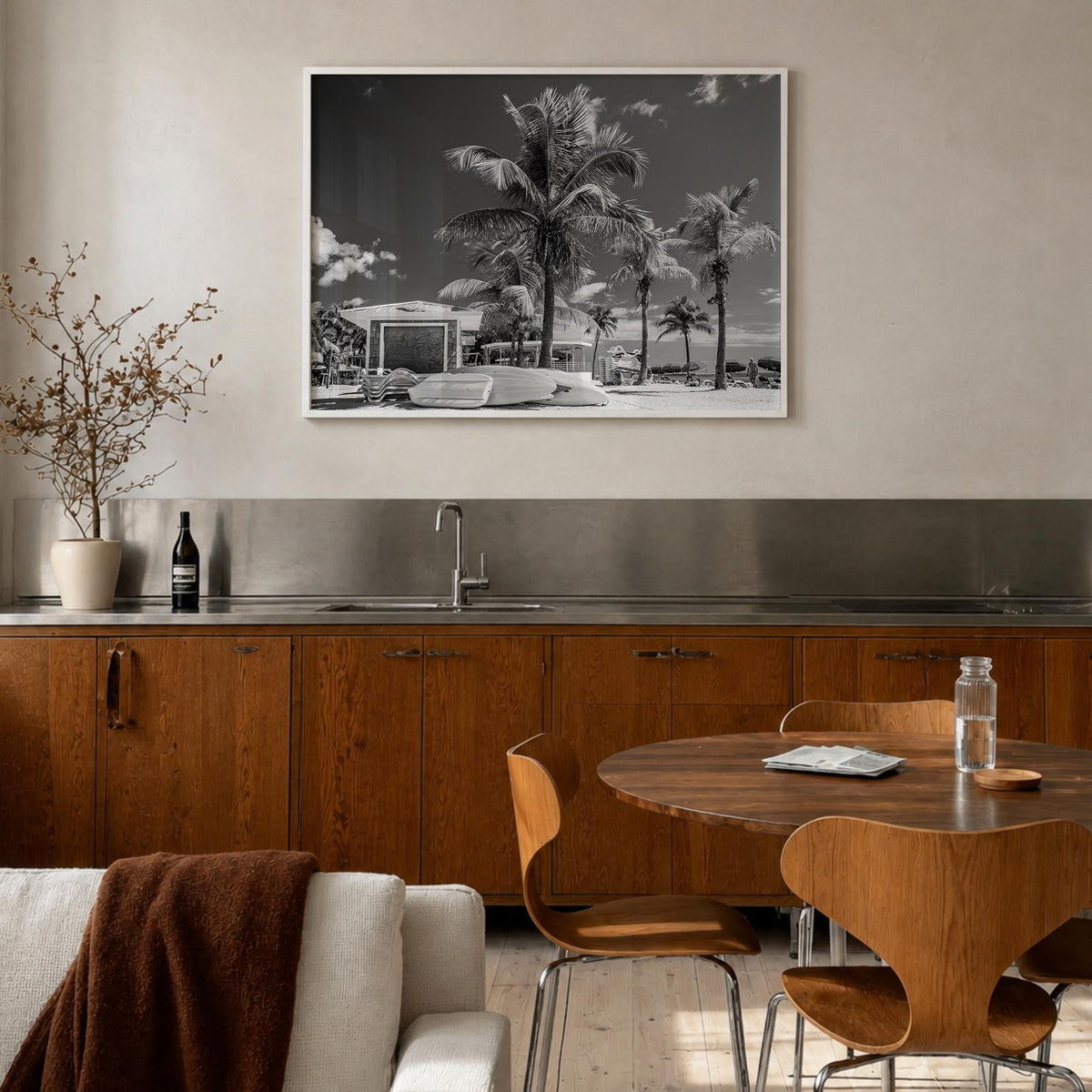 Key West black & white photo poster of Florida, USA – horizontal wall art in white wood frame, hanging on wall