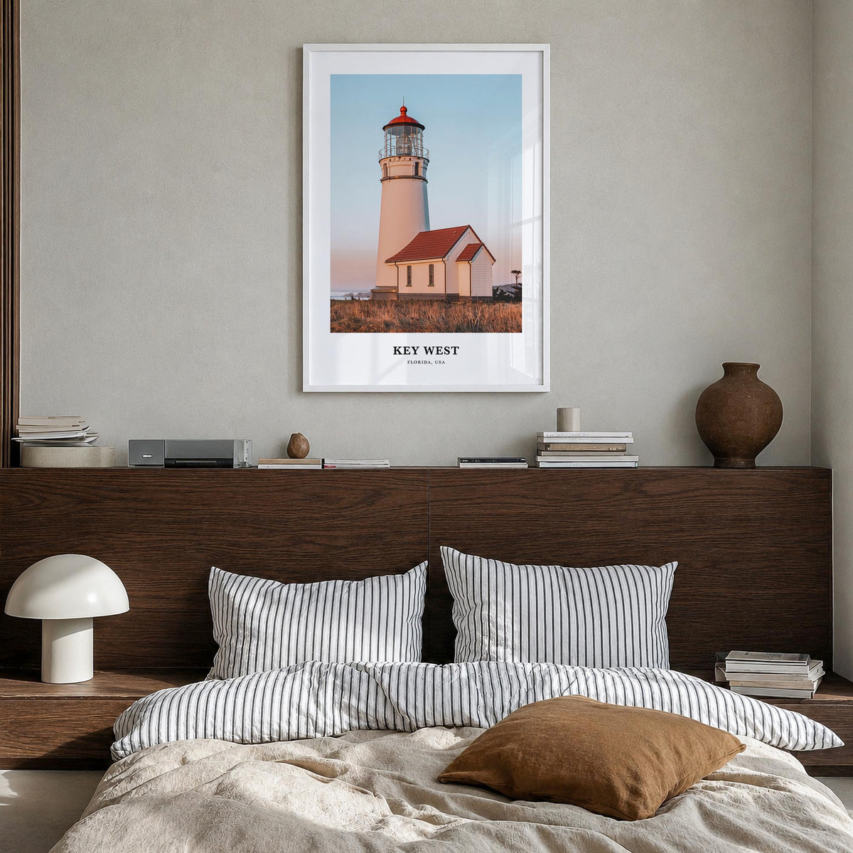 Key West colorful classic poster of Florida, USA – vertical wall art in white wood frame, hanging on wall