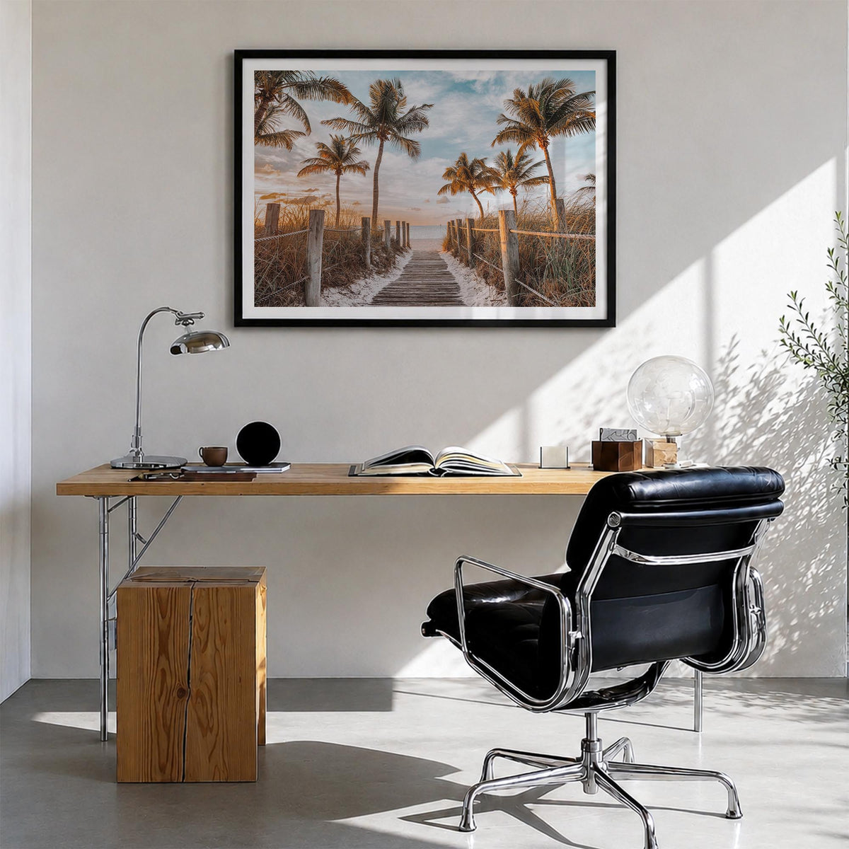 Key West colorful photo poster of Florida, USA – horizontal wall art in black wood frame with white border, hanging on wall