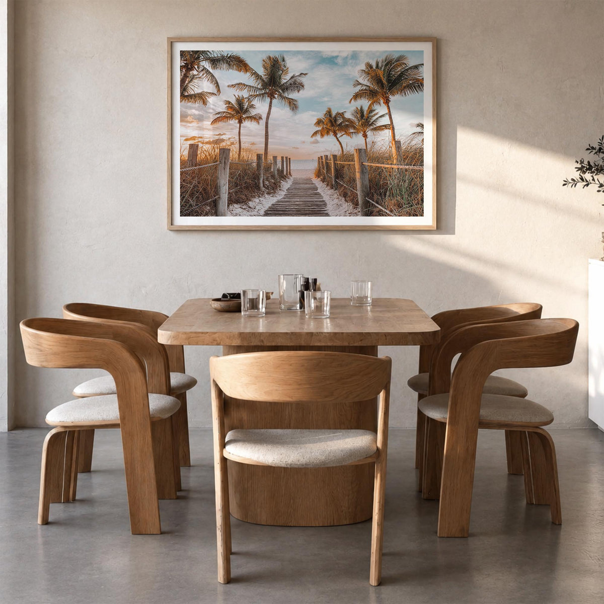 Key West colorful photo poster of Florida, USA – horizontal wall art in natural wood frame with white border, hanging on wall