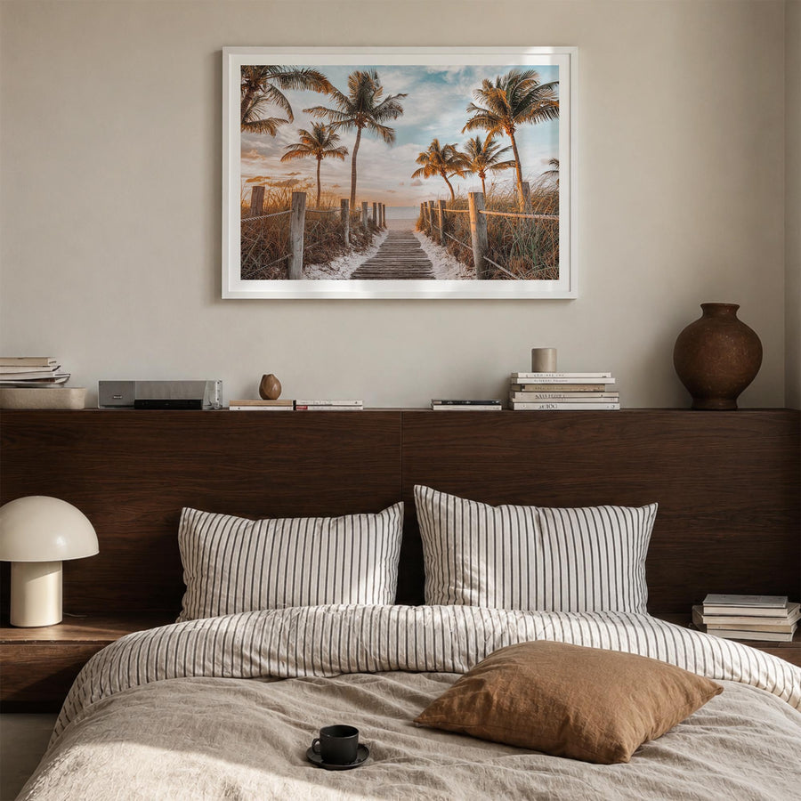 Key West colorful photo poster of Florida, USA – horizontal wall art in white wood frame with white border, hanging on wall