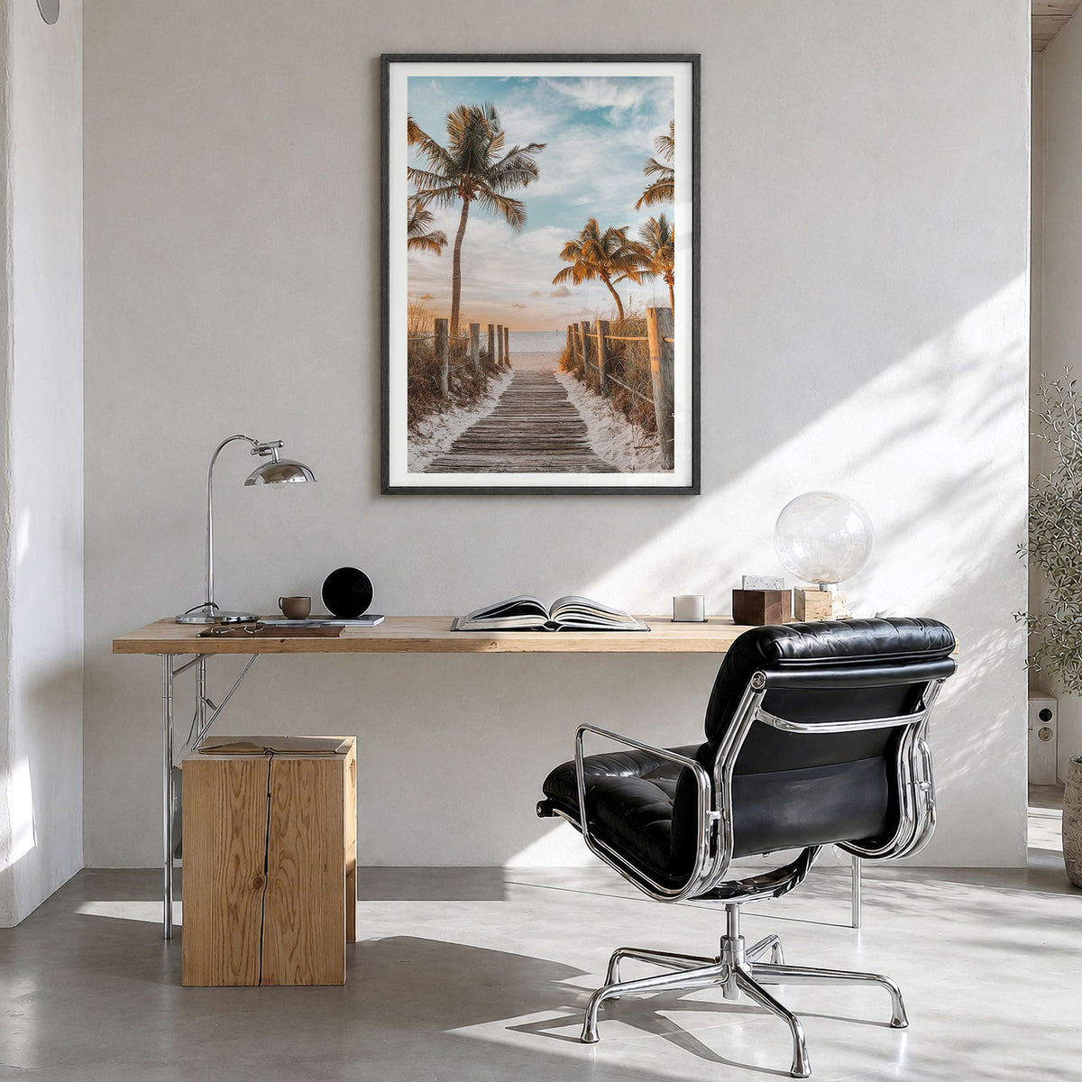 Key West Photo No 1 Poster in a black wood frame, hanging in a bright home office, white border