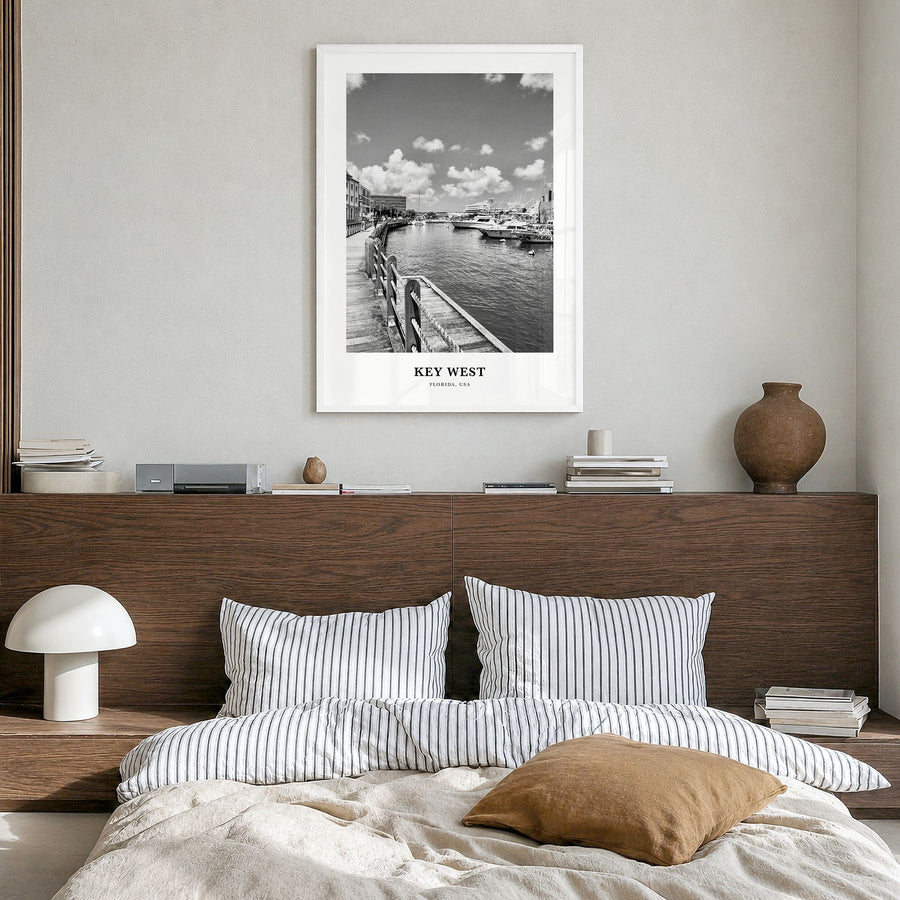 Key West Classic No 2 Poster in a white wood frame, hanging in a bedroom