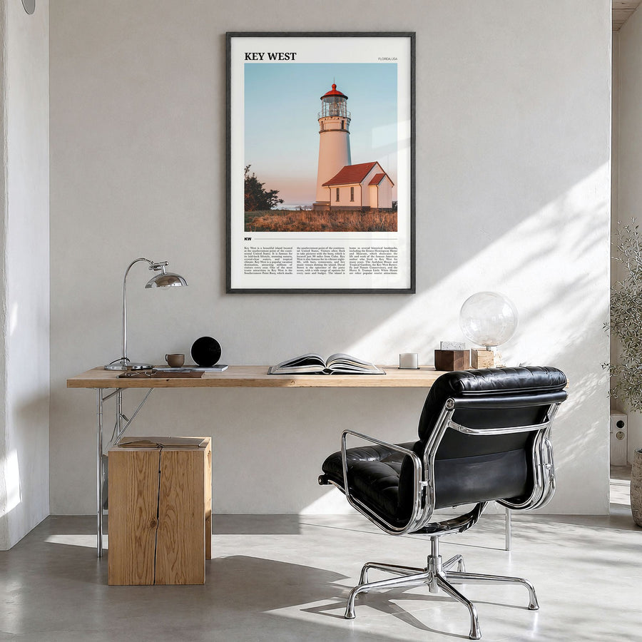 Key West Travel Poster in a black wood frame, hanging in a bright home office