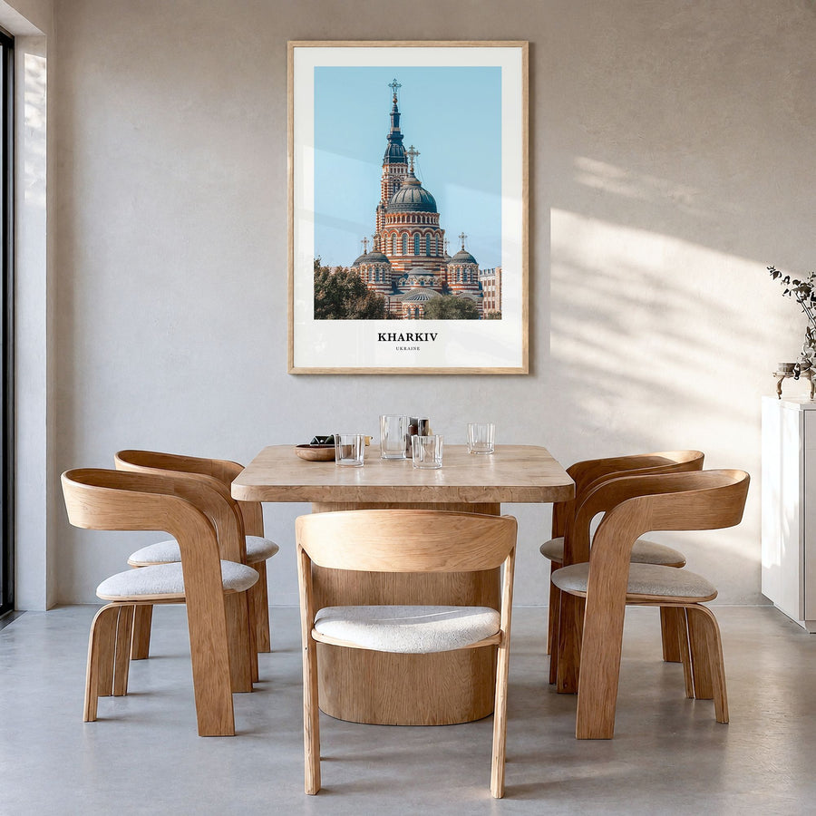 Kharkiv Classic Poster in a natural wood frame, hanging in a dining room