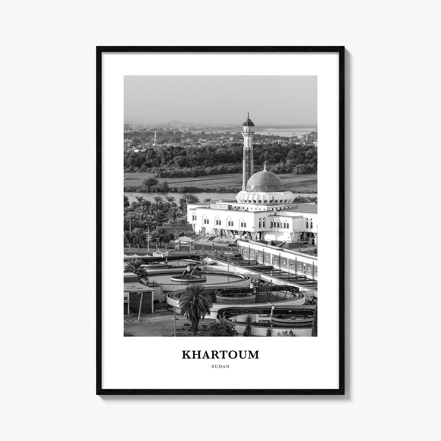 Khartoum black & white classic poster of Sudan – vertical wall art, unframed print shown in interior mockup