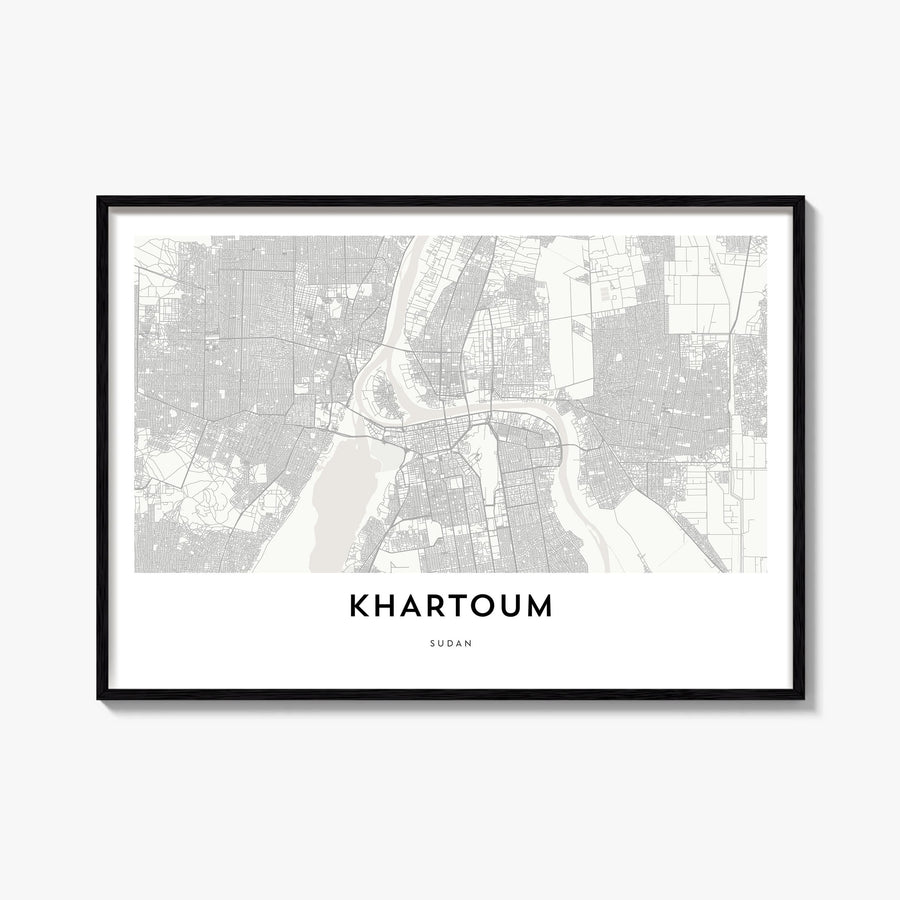 Khartoum black & white map poster of Sudan – horizontal wall art, unframed print shown in interior mockup