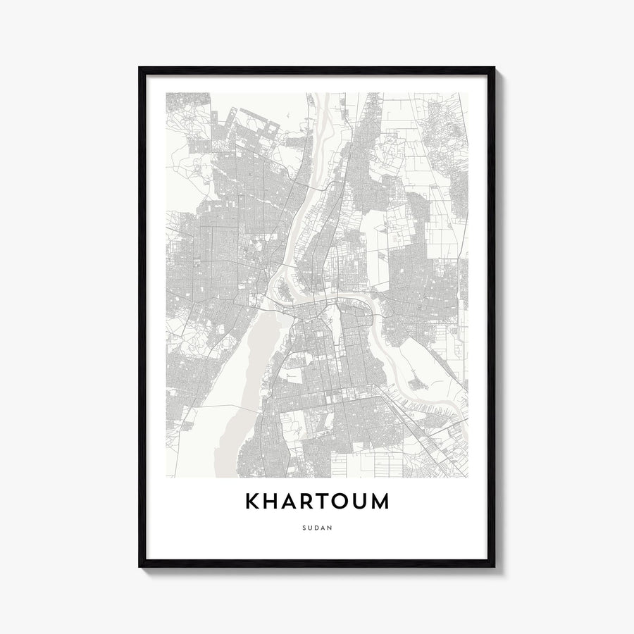 Khartoum black & white map poster of Sudan – vertical wall art, unframed print shown in interior mockup