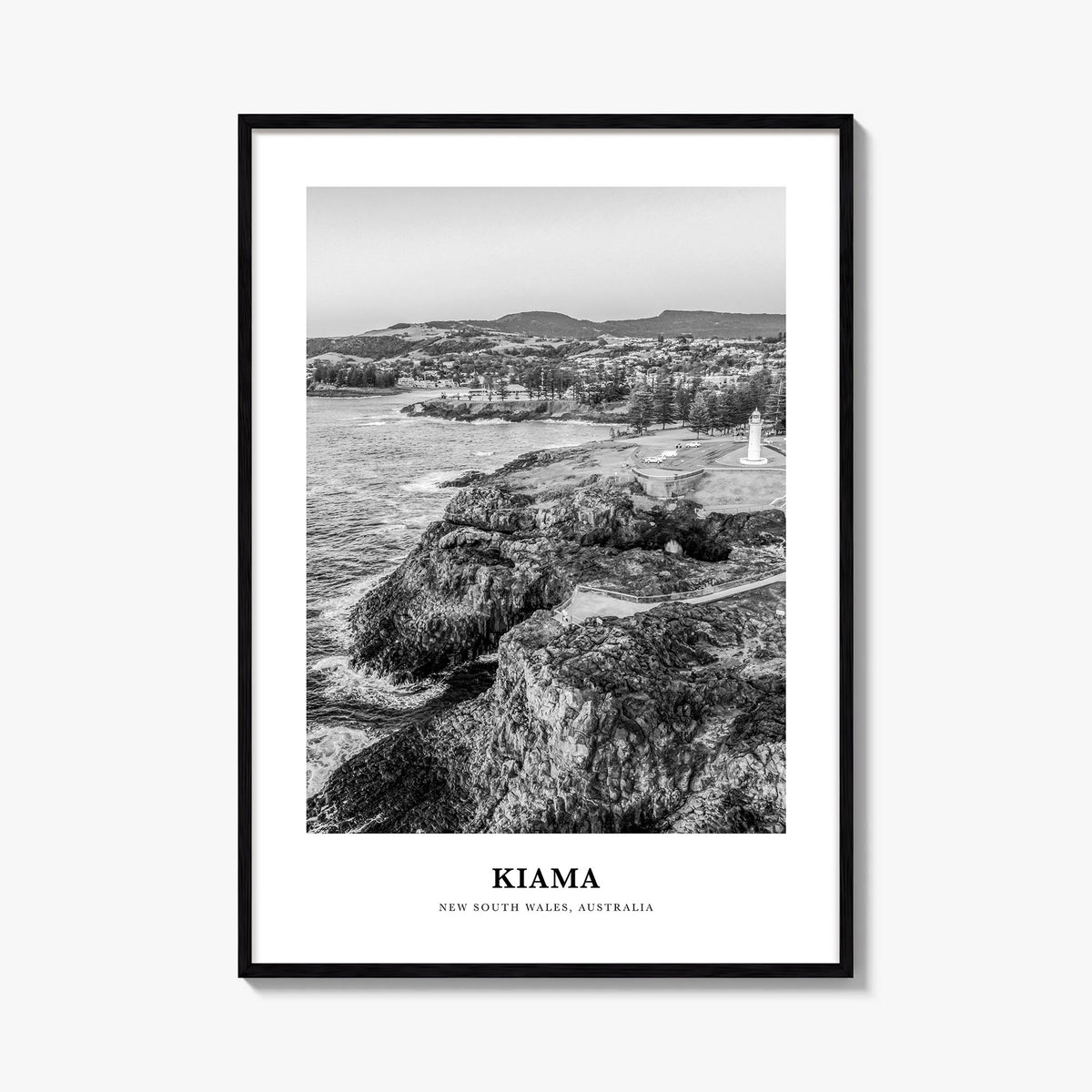 Kiama black & white classic poster of Australia – vertical wall art, unframed print shown in interior mockup