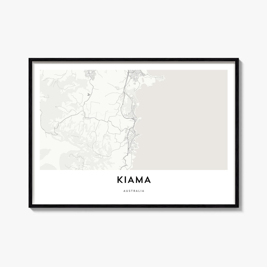 Kiama black & white map poster of Australia – horizontal wall art, unframed print shown in interior mockup
