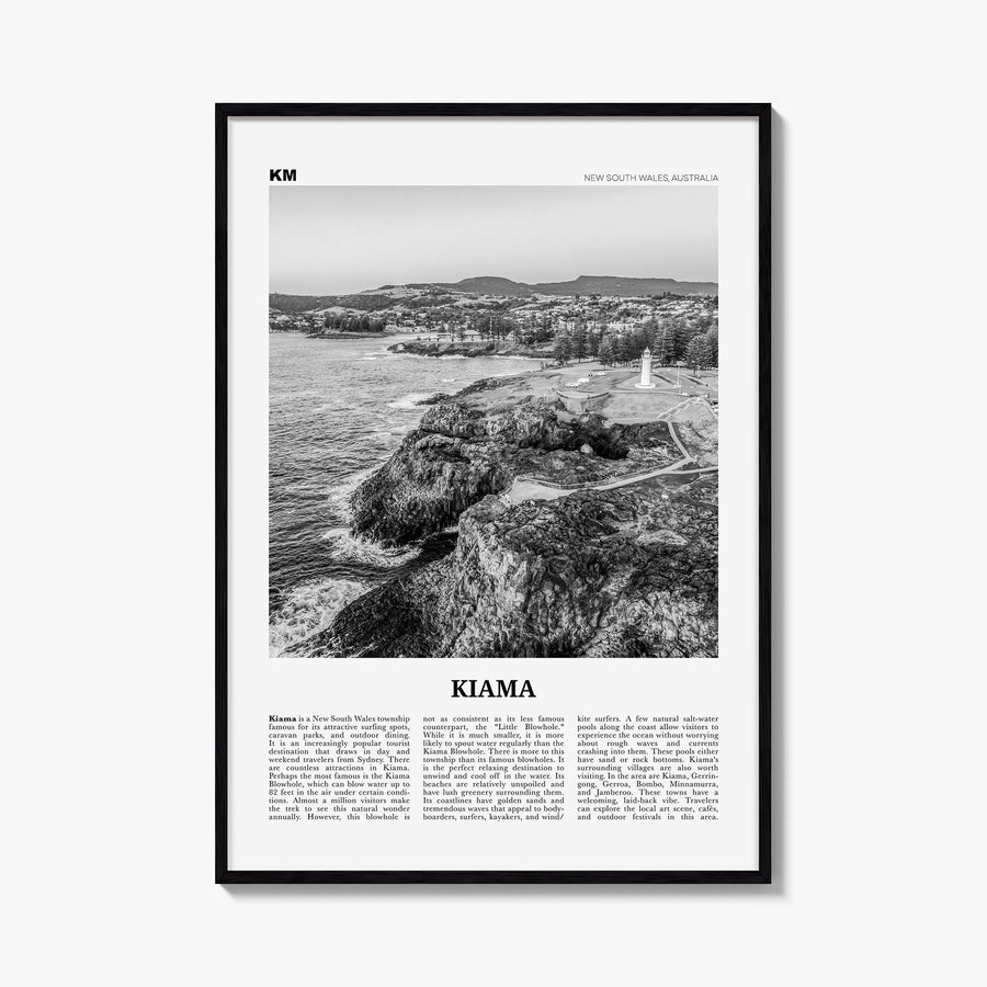 Kiama black & white newspaper poster of Australia – vertical wall art, unframed print shown in interior mockup