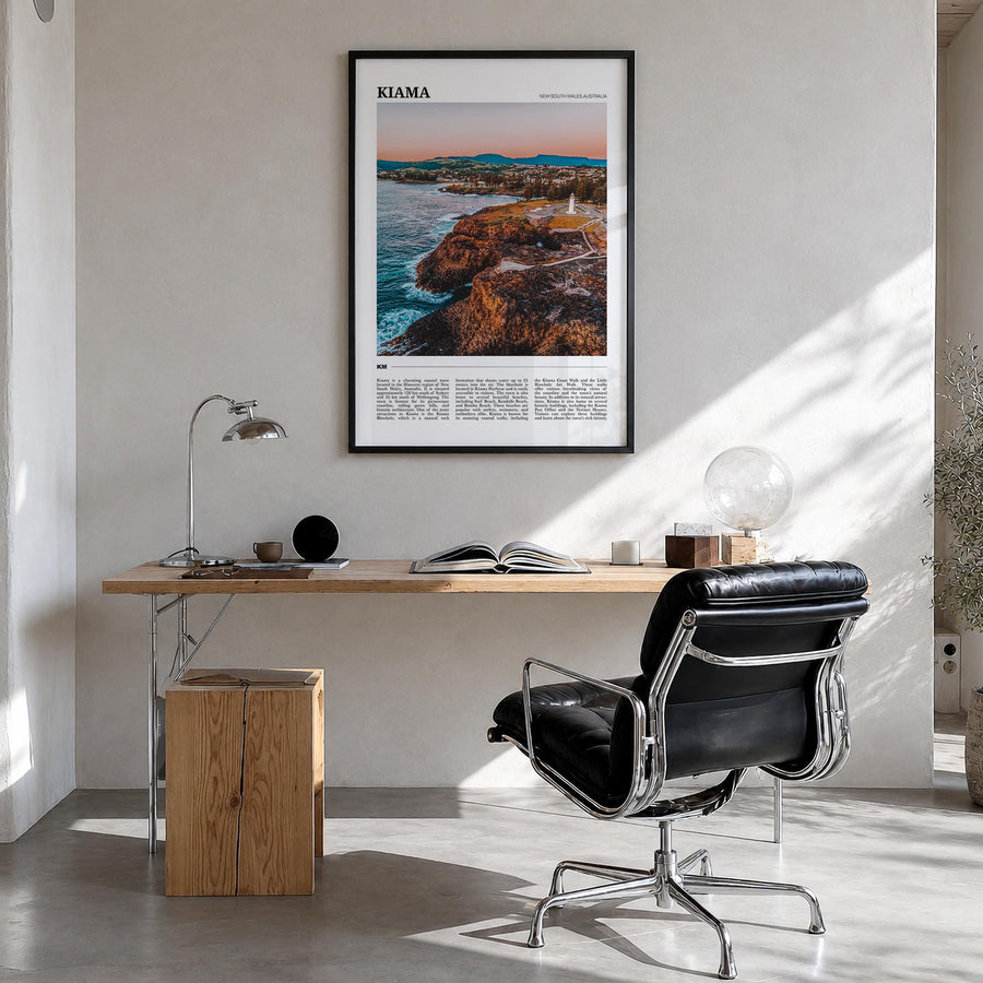 Kiama colorful travel poster of Australia – vertical wall art in black wood frame, hanging on wall