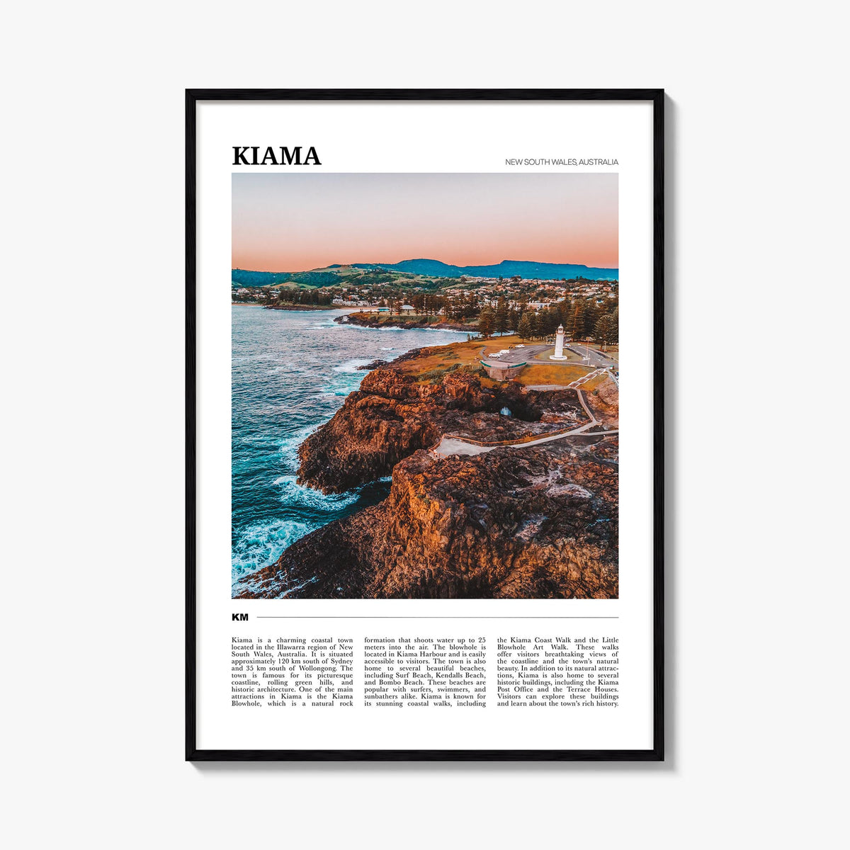 Kiama colorful travel poster of Australia – vertical wall art, unframed print shown in interior mockup