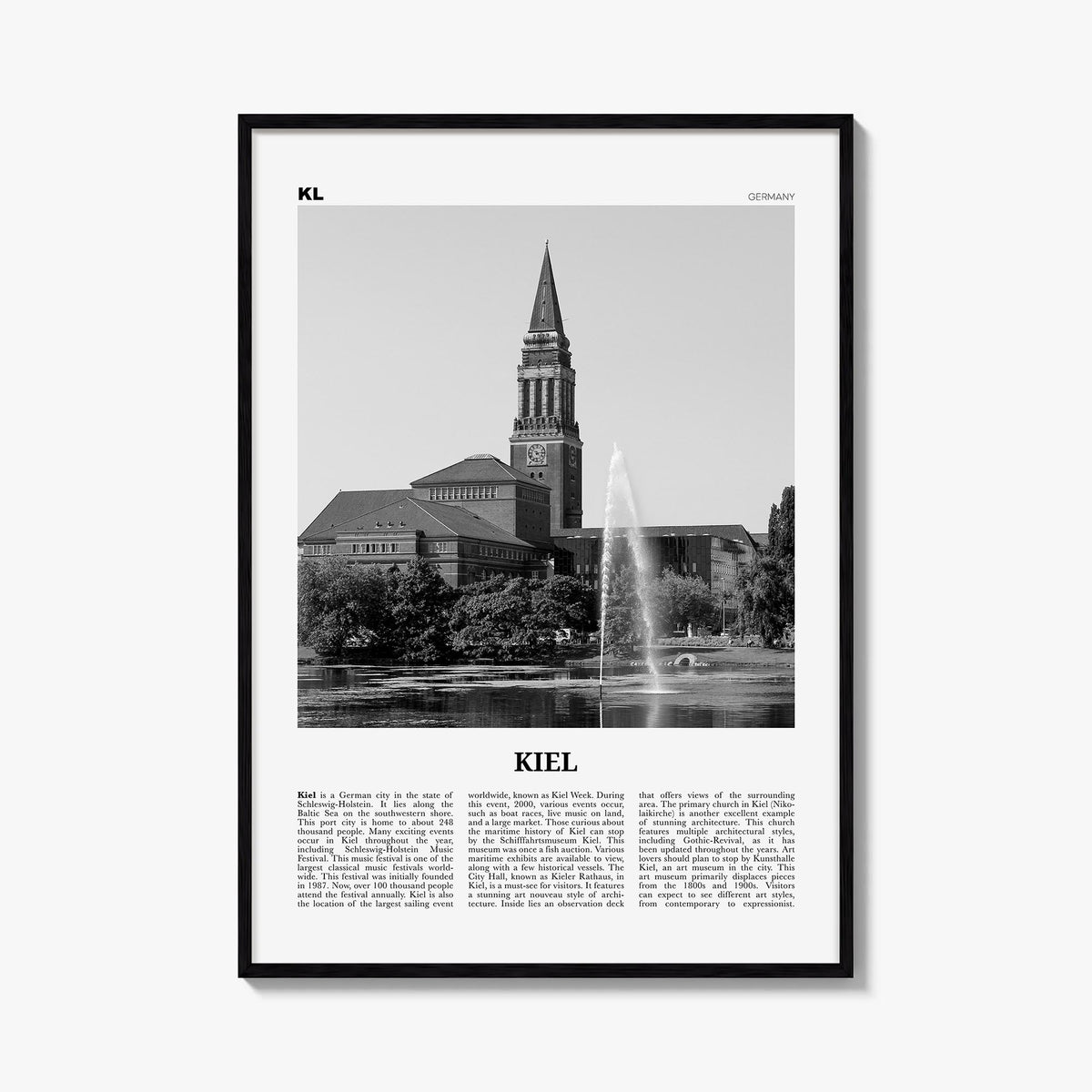 Kiel black & white newspaper poster of Germany – vertical wall art, unframed print shown in interior mockup