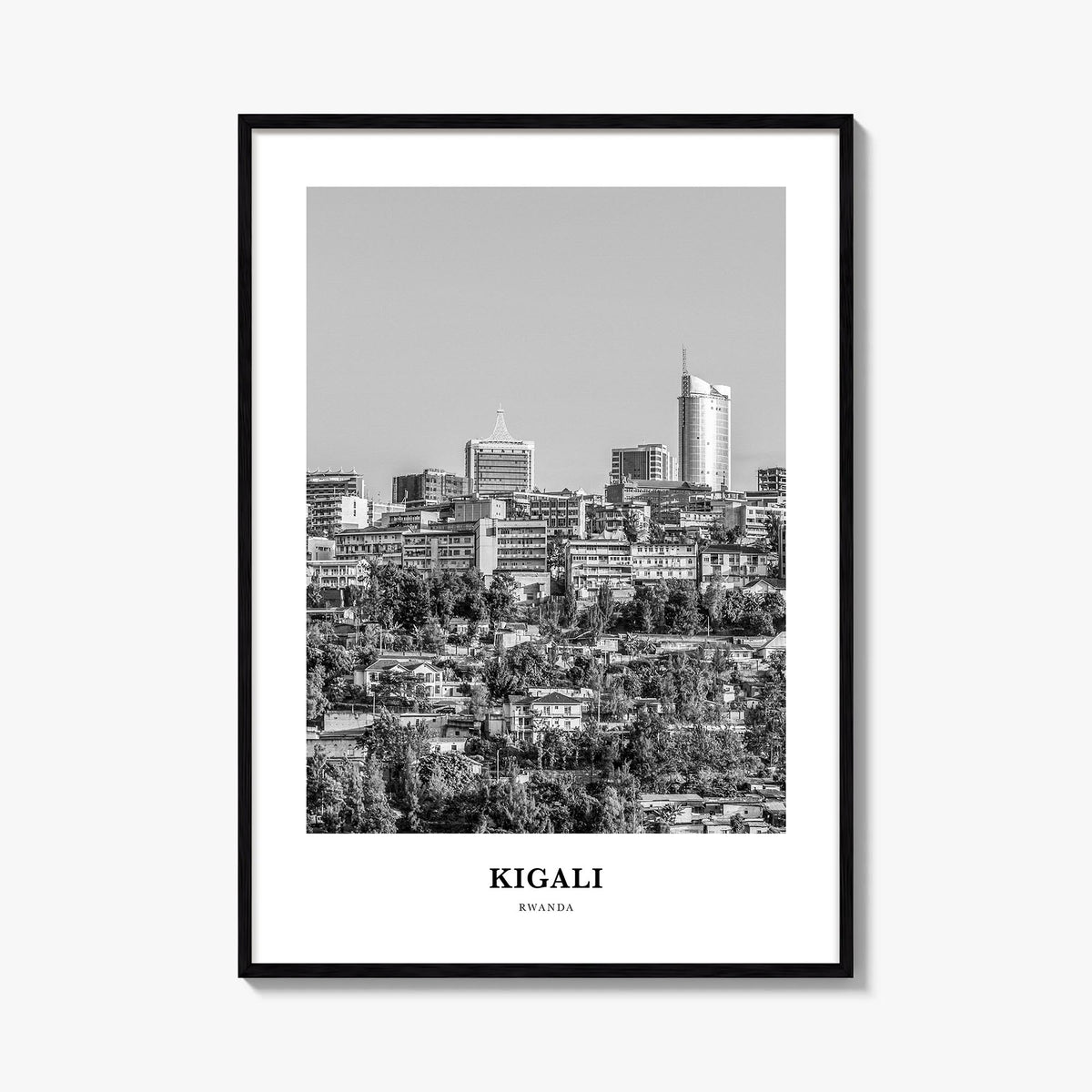Kigali black & white classic poster of Rwanda – vertical wall art, unframed print shown in interior mockup