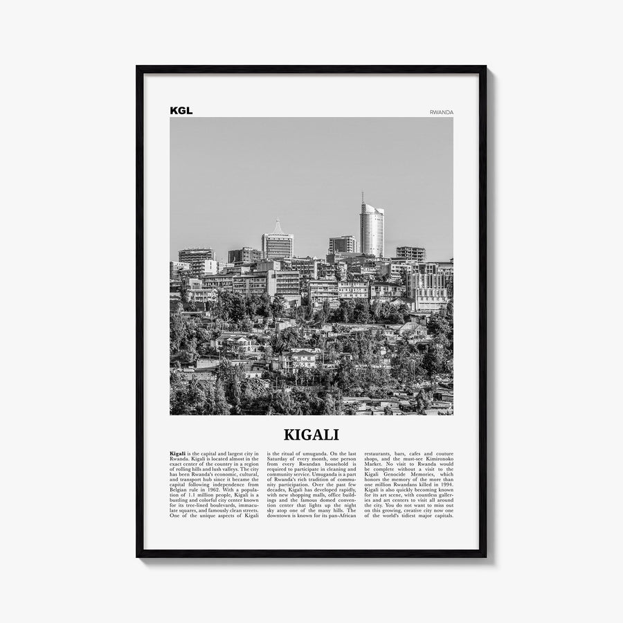 Kigali black & white newspaper poster of Rwanda – vertical wall art, unframed print shown in interior mockup