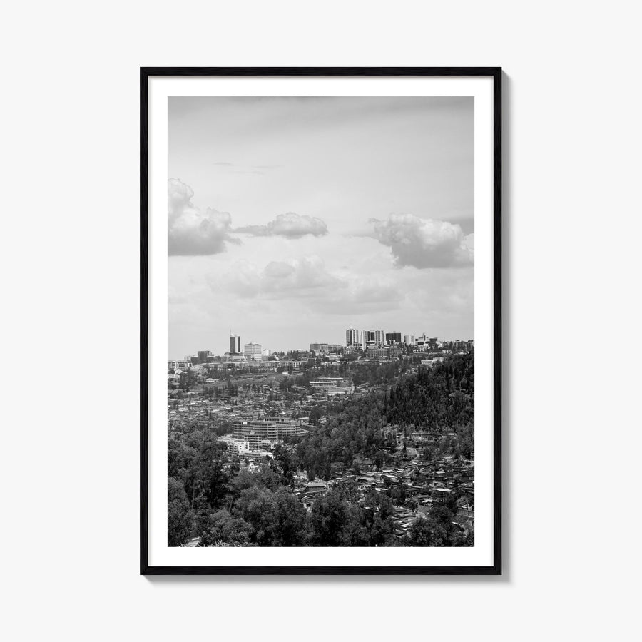 Kigali black & white photo poster of Rwanda – vertical wall art, unframed print shown in interior mockup