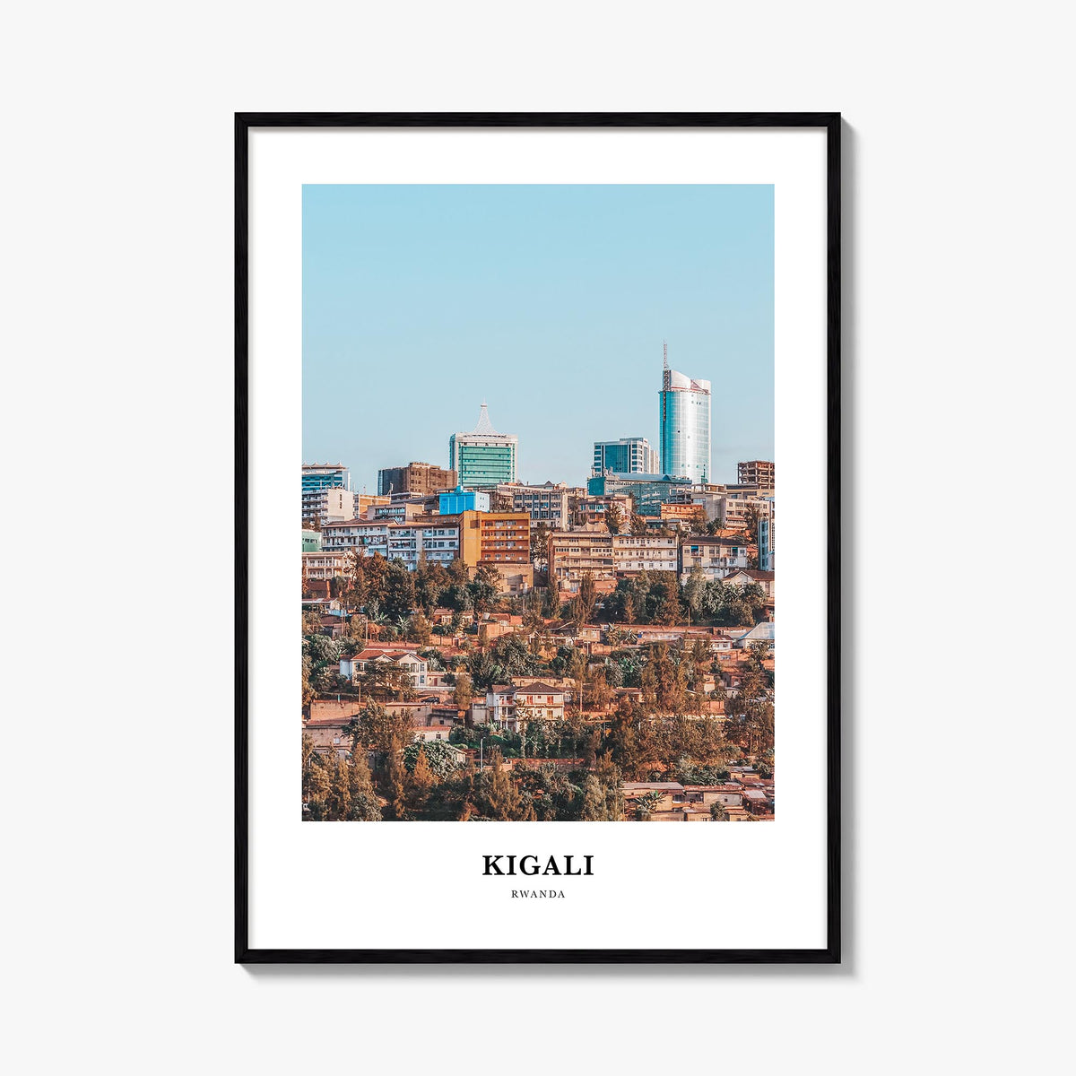 Kigali colorful classic poster of Rwanda – vertical wall art, unframed print shown in interior mockup