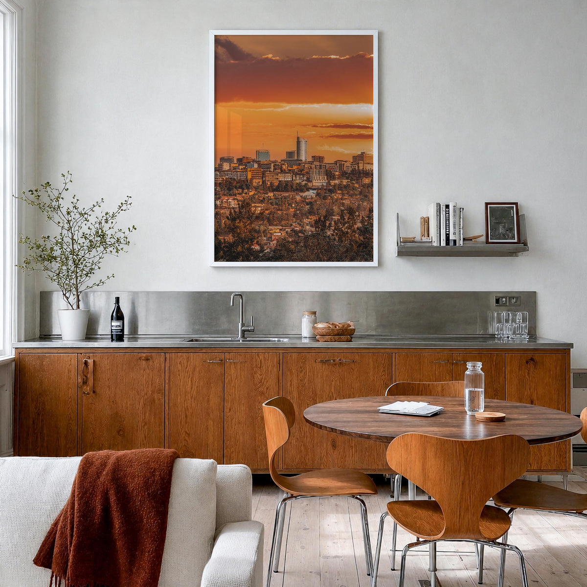 Kigali colorful photo poster of Rwanda – vertical wall art in white wood frame, hanging on wall