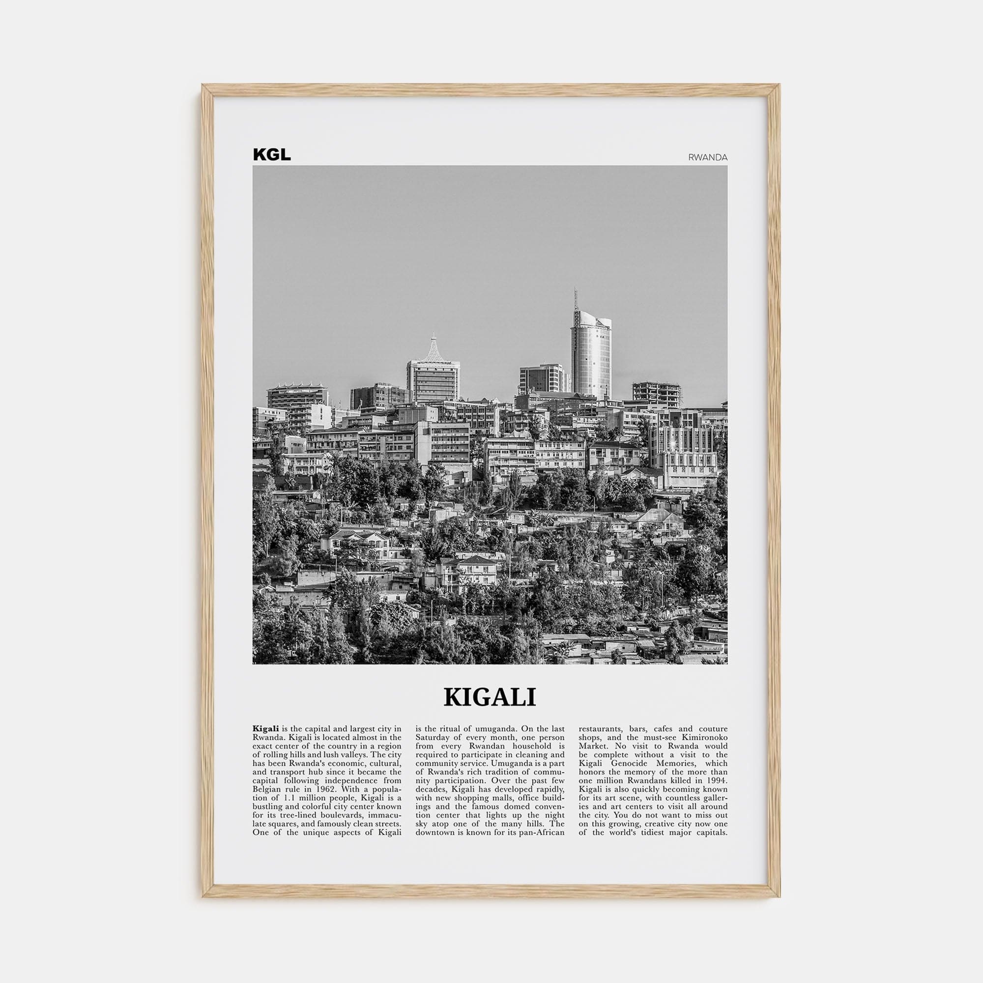 Kigali Poster Natural Wood / 8x12 in Nbourhood Travel B&W Poster