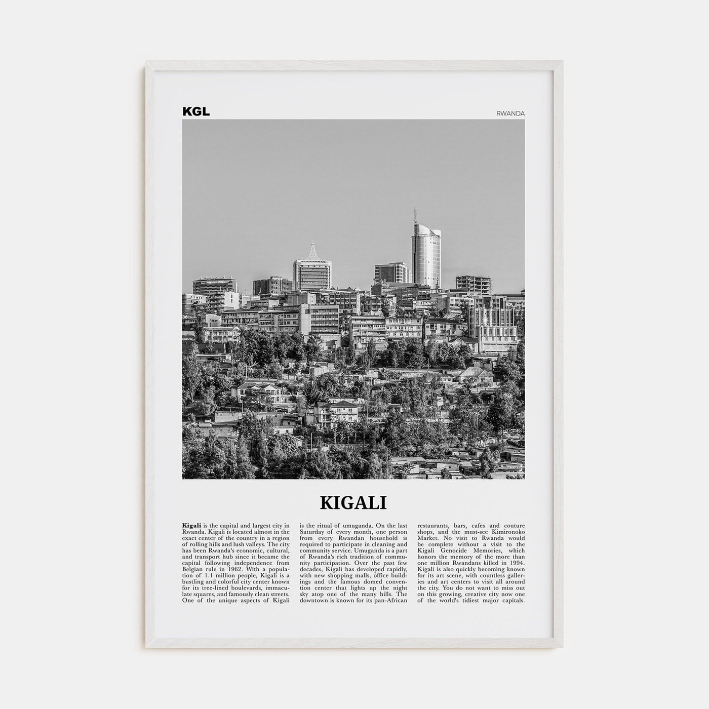 Kigali Poster White Wood / 8x12 in Nbourhood Travel B&W Poster