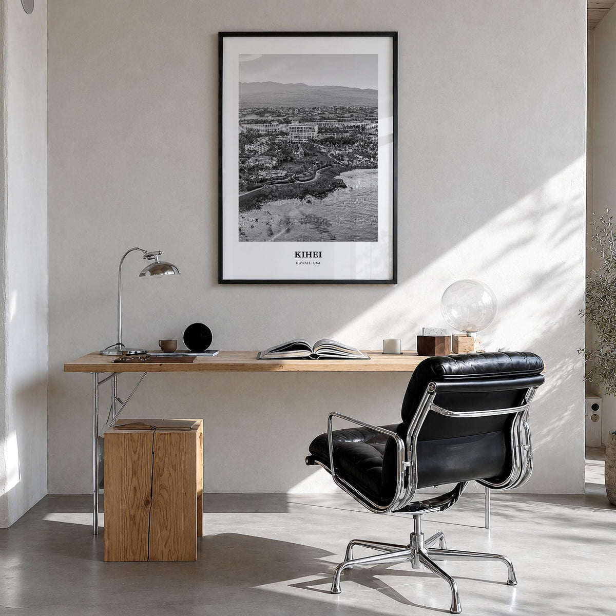 Kihei black & white classic poster of Hawaii, USA – vertical wall art in black wood frame, hanging on wall