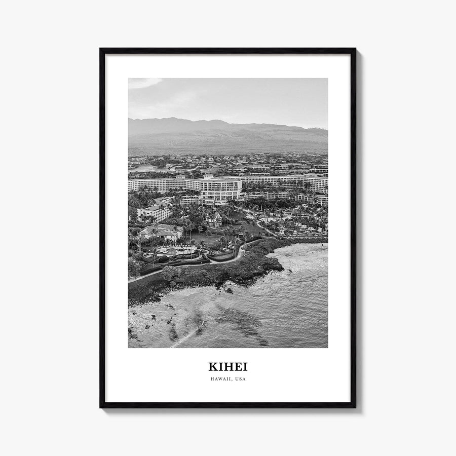 Kihei black & white classic poster of Hawaii, USA – vertical wall art, unframed print shown in interior mockup