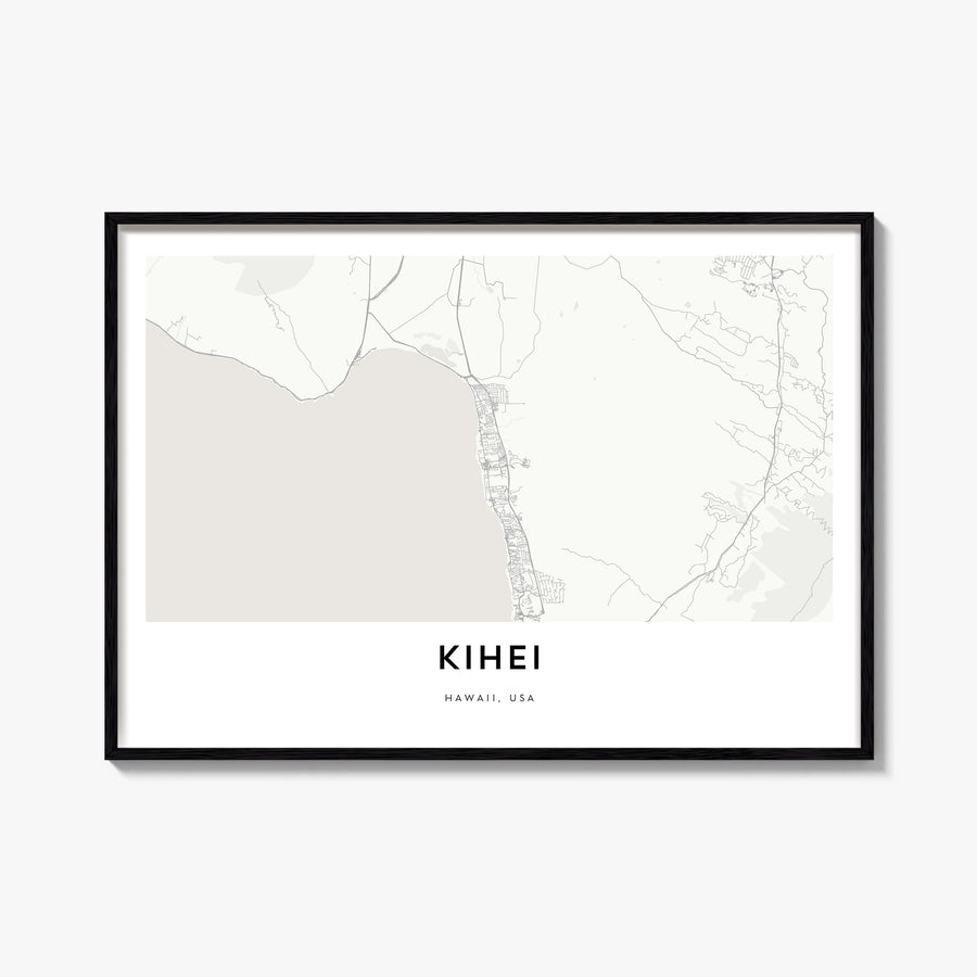 Kihei black & white map poster of Hawaii, USA – horizontal wall art, unframed print shown in interior mockup